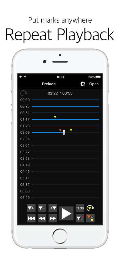 Audipo app interface showing multiple seek bars and markers for repeating audio segments
