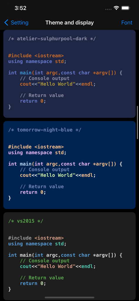 Different syntax highlighting themes for the C++ Shell code editor including dark and blue modes