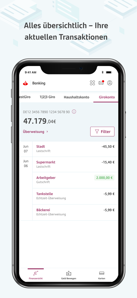 Mobile app interface showing a checking account balance and recent transactions history