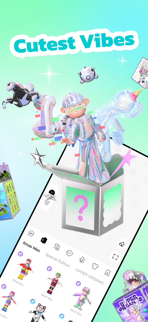 Bondee - Play, Chat, Bond - Bondeeアプリのインターフェースで、疑問符のミステリーボックスから現れる虹色の衣装を着た3Dアバター