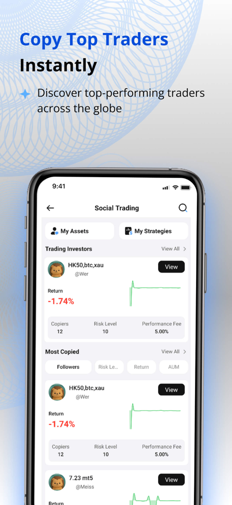 FXTRADING mobile app screen showing the social trading interface to copy top performing traders