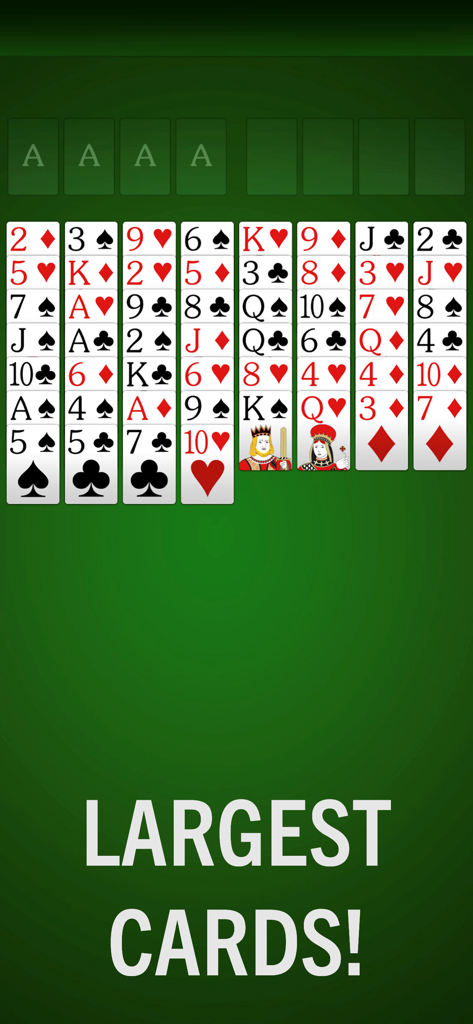 FreeCell Solitaire game display with large easy to read cards