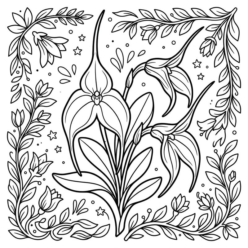 Immerse yourself in the captivating world of Masdevallia orchids with this exquisitely detailed coloring page. Its intricate design, framed by delicate floral patterns, offers a truly rewarding artistic challenge.