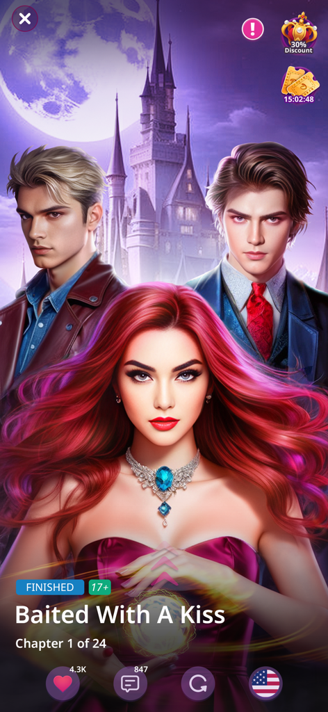 My Stories: Choose romance - Una protagonista femenina pelirroja y dos intereses amorosos masculinos frente a un castillo gótico por la noche de la historia Enamorada con un Beso