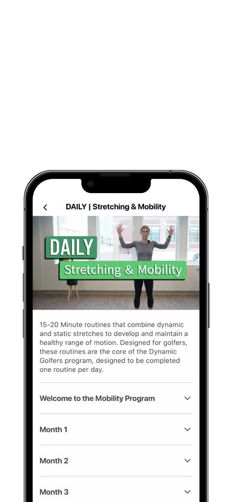 Interface of the Dynamic Golfers app displaying the daily stretching and mobility program with monthly exercise modules