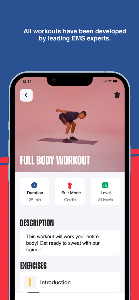 PEPPER: Home EMS Training - Pepper EMS Training App-Oberfläche zeigt eine Übersicht über ein 25-minütiges Ganzkörper-Cardio-Workout.