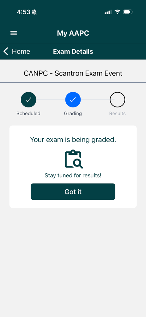 My AAPC - Exam details screen in My AAPC app showing the grading progress for a certification exam