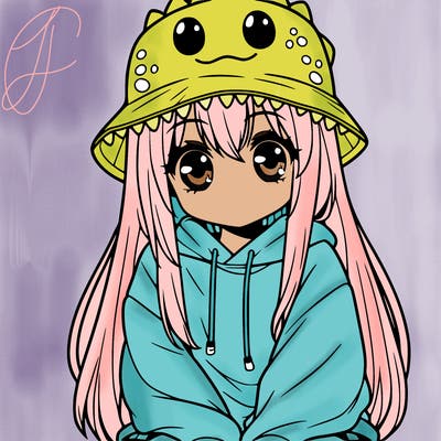 girl with anime shaped eyes with a dinosaur bucket hat oversized sweatshirt long straight hair