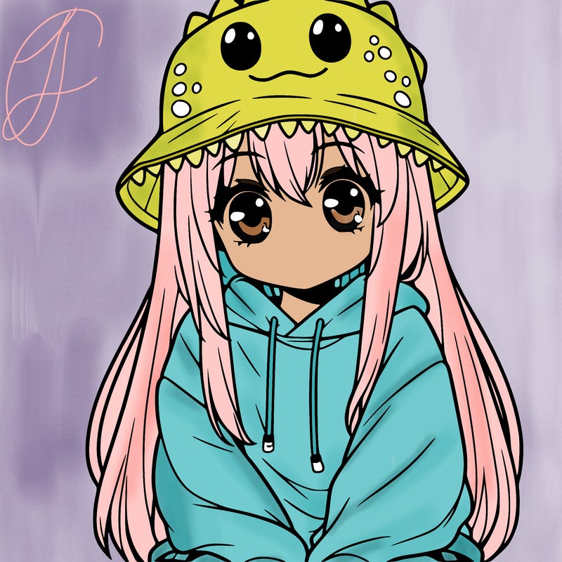 girl with anime shaped eyes with a dinosaur bucket hat oversized sweatshirt long straight hair