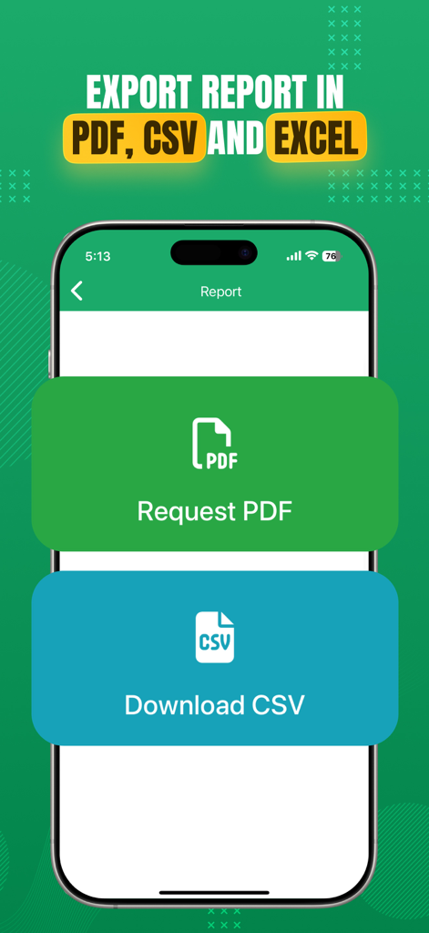 Tela de um aplicativo móvel exibindo opções para exportar relatórios de negócios como arquivos PDF ou CSV