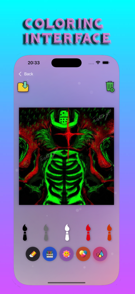 Interfaz de la aplicación móvil para colorear ilustraciones de temática oscura con pinceles y herramientas de neón