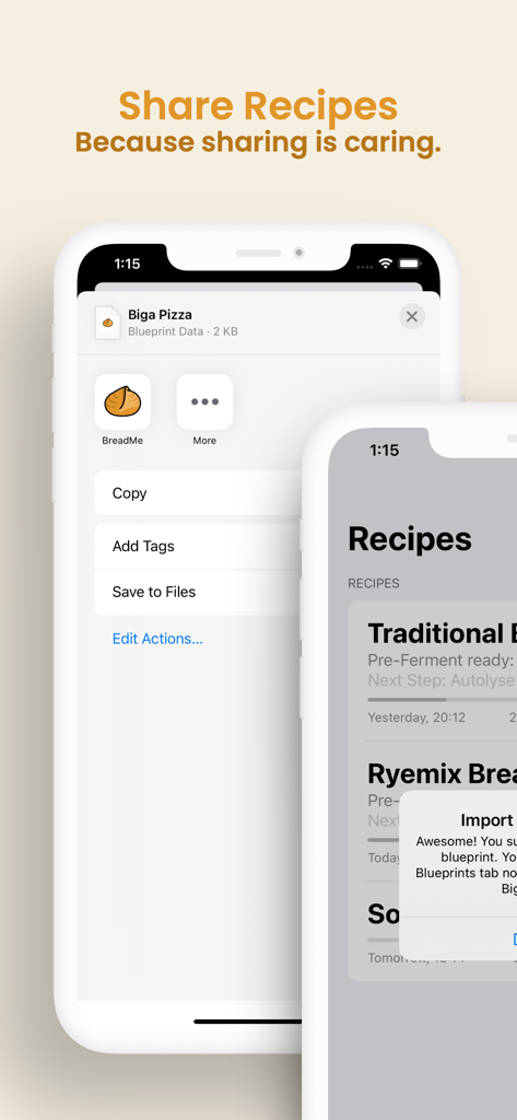BreadMe - Sourdough planner - A mobile interface of the BreadMe sourdough planner app showing the recipe sharing and import feature for a pizza recipe.
