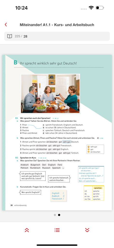 Hueber interaktiv - Página de libro de texto de alemán digital con ejercicios interactivos e iconos de audio