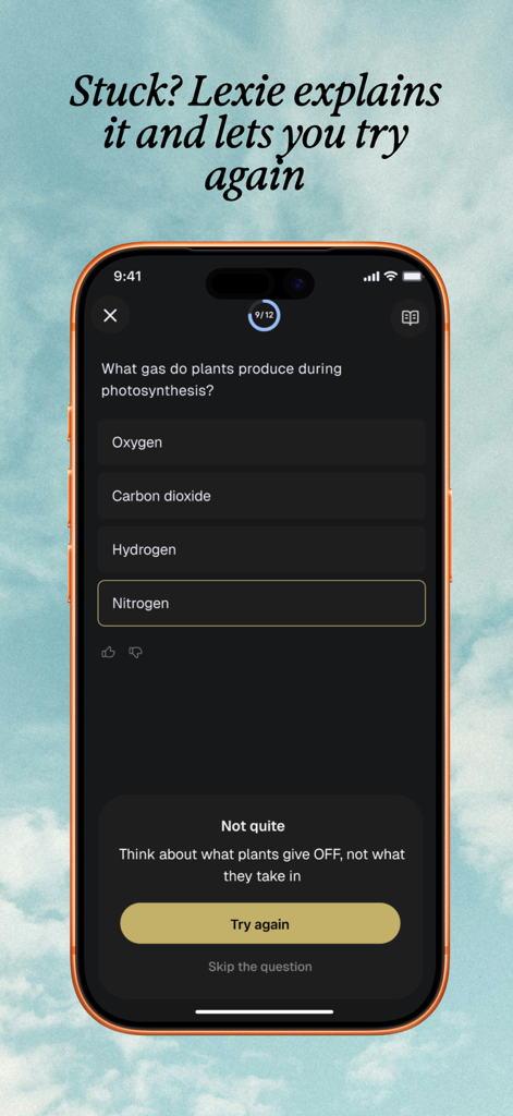 LexieLearn - LexieLearn app interface showing an interactive biology quiz with helpful feedback for an incorrect answer.