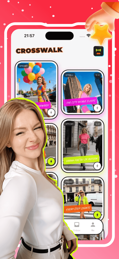 Covol - Covol app interface displaying the Crosswalk feed with bold urban street style photos.