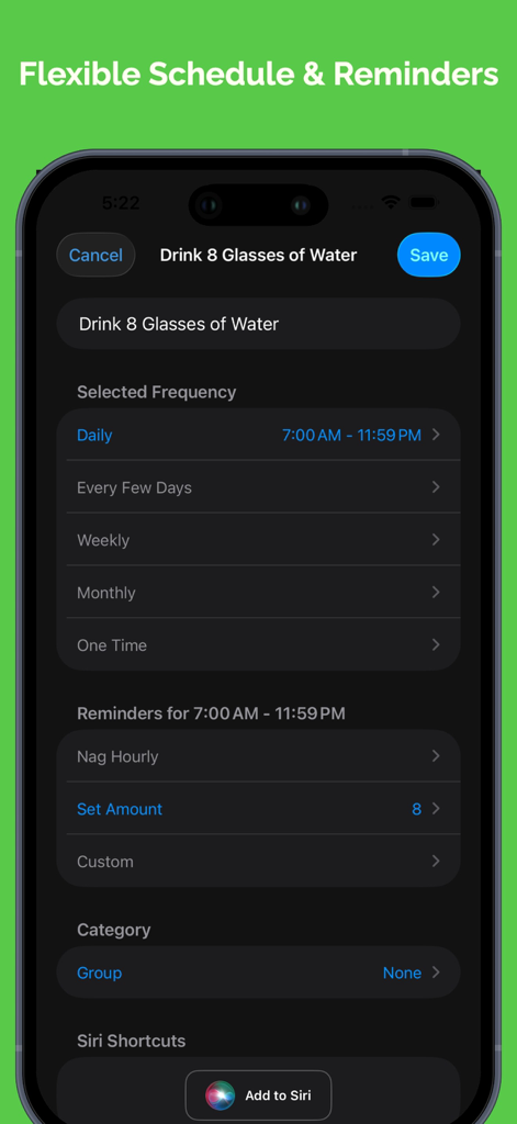 Habit Hub: Routine & Schedule - Interfaz de la aplicación Habit Hub que muestra la configuración flexible de horarios y recordatorios para un hábito de ingesta de agua