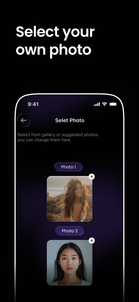 Interface de l'écran de l'application ReSnap pour la sélection des photos de l'utilisateur pour la retouche IA