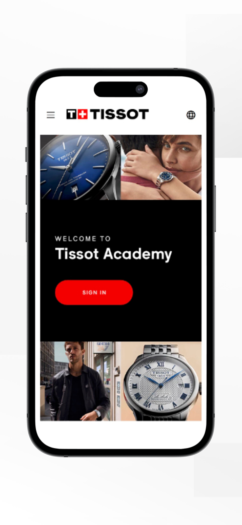 TISSOT Academy - The welcome screen of the Tissot Academy app featuring a sign in button and luxury watch images.