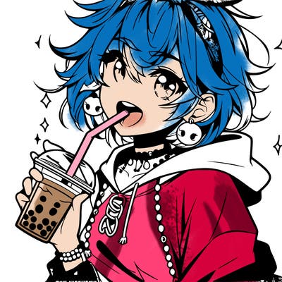 hot baddie anime girl drinking boba and biting the straw