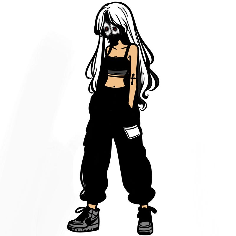 girl in baggy pants crop top and long hair