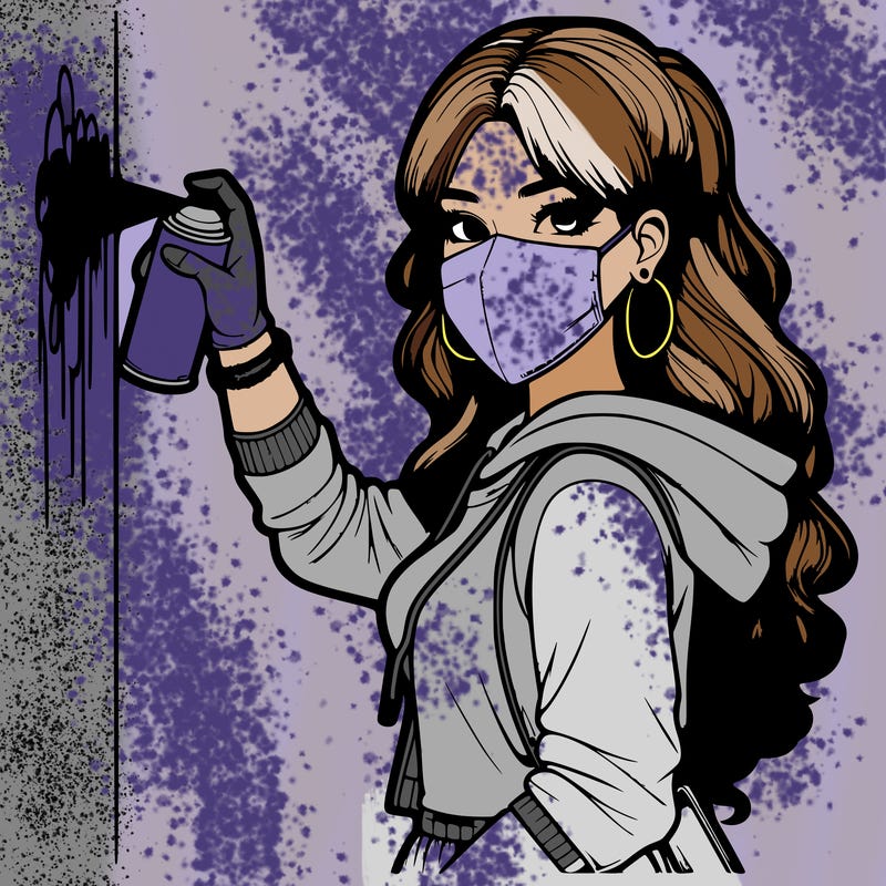 realistic girl with mask spray painting a wall