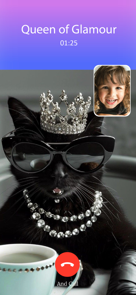 Kitty Call: Play with Cats - Simulated video call between a young girl and a black cat wearing a crown and sunglasses