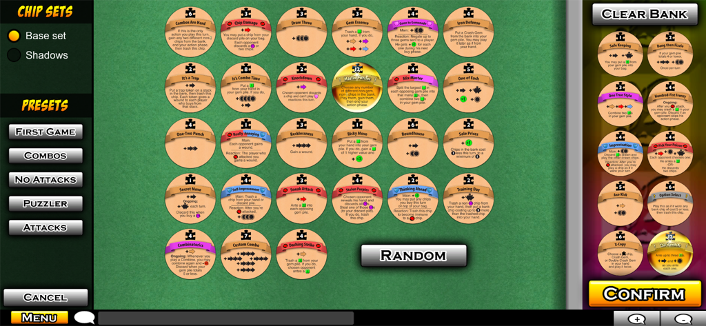 Puzzle Strike - A menu screen in Puzzle Strike showing a grid of various colored strategic game chips and preset selection buttons.