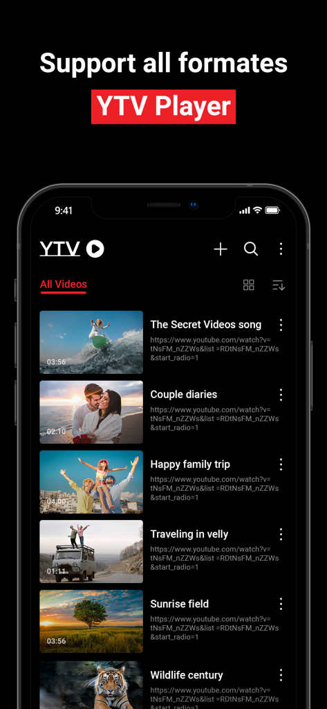 YTV Player Pro App-Oberfläche auf einem iPhone, die eine Liste von gespeicherten Videostreams und Links anzeigt