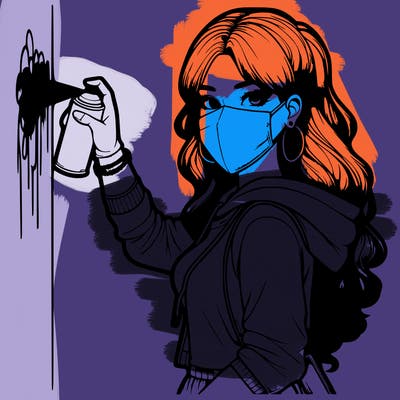 realistic girl with mask spray painting a wall