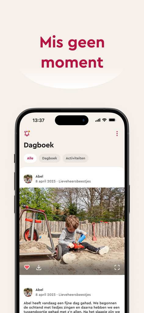 Partou kinderopvang - The Partou parent app diary screen featuring a photo of a child playing in a sandbox at daycare.