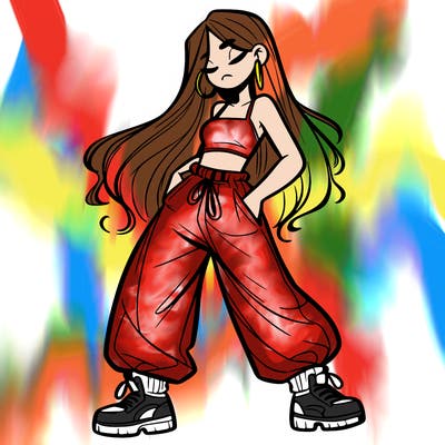 girl in baggy pants crop top and long hair