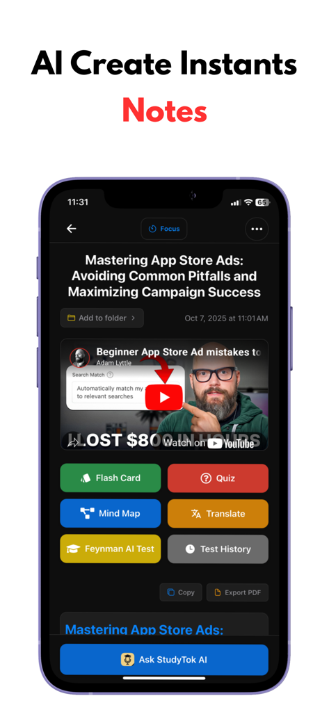 Interface de l'application StudyTok AI montrant des notes instantanées générées à partir d'une vidéo et des outils d'étude comme des fiches de révision et des cartes mentales.