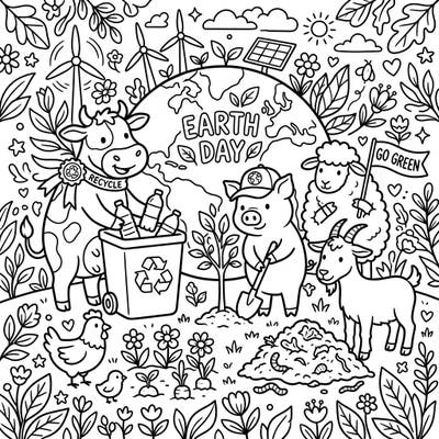 Join our adorable farm friends in celebrating Earth Day with this engaging coloring page. It's a delightful way to teach about recycling, planting, and caring for our planet.