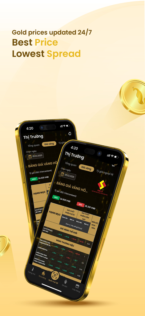 HanaGold - Buy Gold Online 24H - Deux iPhones dorés affichant l'écran du marché de l'application HanaGold avec les prix de l'or en temps réel et de faibles spreads.