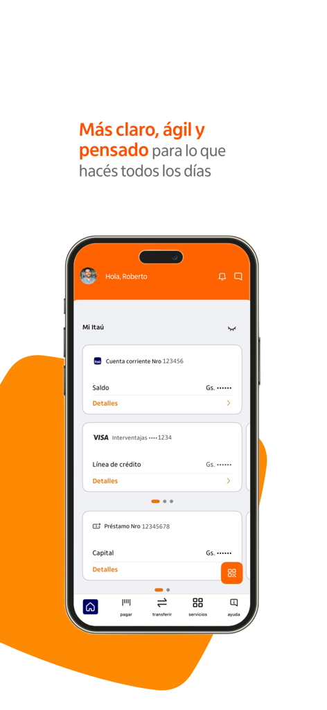 Itaú Paraguay - Panel principal de la aplicación de banca móvil Itaú Paraguay, mostrando saldos de cuenta y detalles de crédito
