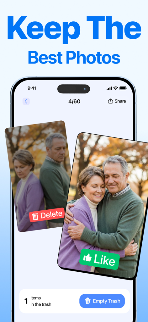 AI Cleaner app interface showing how to sort gallery images to keep the best photos and delete blurry ones