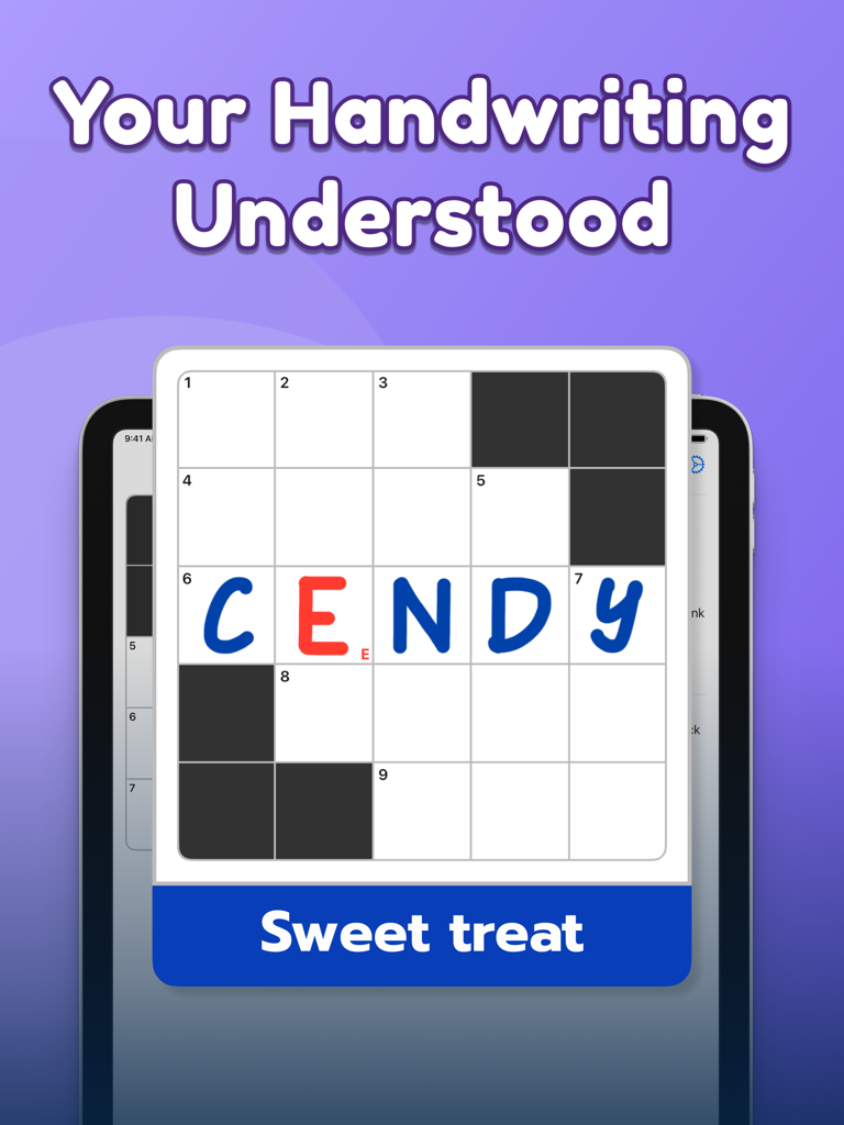 Crossword Puzzles Daily - A screenshot of Crossword Puzzles Daily on iPad showing handwriting recognition for a crossword grid.