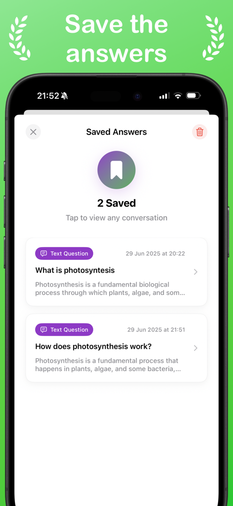 Biology AI: Homework Solver - The saved answers screen of the Biology AI app showing a list of photosynthesis questions