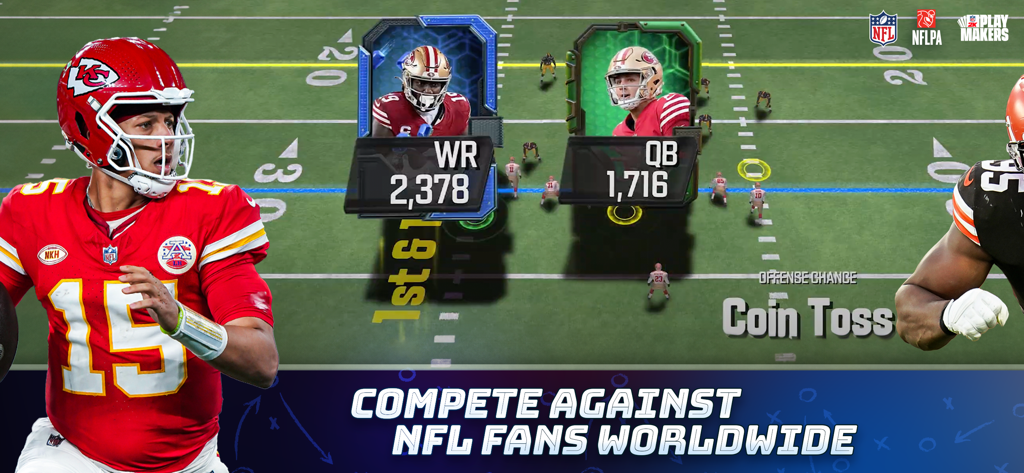 NFL 2K Playmakers - Screenshot del gioco mobile NFL 2K Playmakers che mostra carte di giocatori di football e Patrick Mahomes con il testo: compete contro fan NFL in tutto il mondo