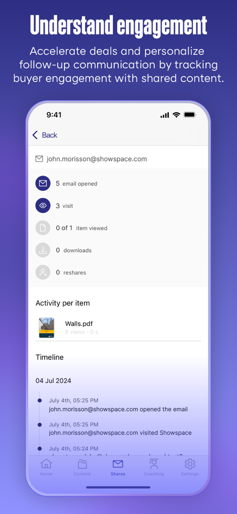 Showpad eOS® - Showpad app interface showing real-time buyer engagement analytics and a detailed activity timeline for a sales lead