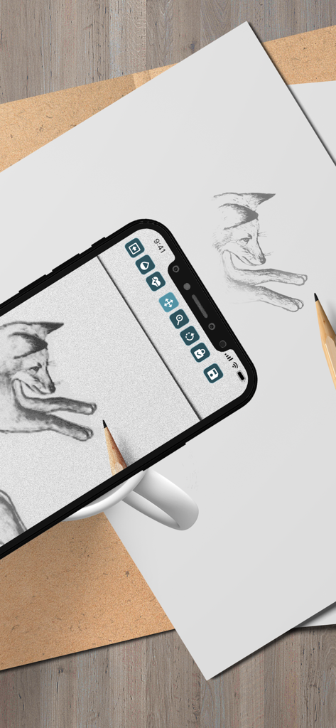 Un smartphone projetant un dessin de renard sur du papier à l'aide de la réalité augmentée pour le traçage