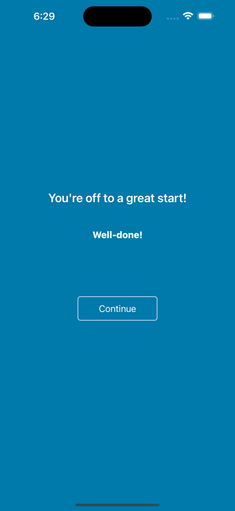 Écran de succès dans l'application mobile Vitality Africa montrant un message de motivation et un bouton de continuation