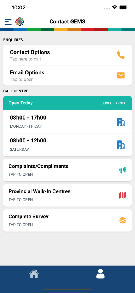 GEMS Member app contact screen showing phone email and call center hours