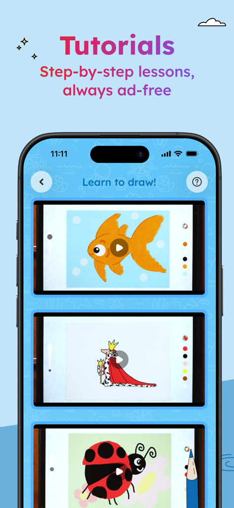 A mobile screen displaying ad-free step-by-step drawing lessons for children in the Project Aqua app.