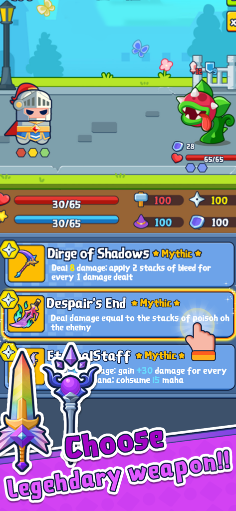 A cartoon knight choosing between legendary weapons in a strategic battle against a plant monster.