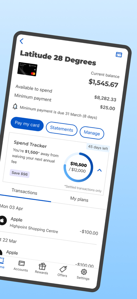 Dashboard of Latitude App showing credit card balance, minimum payment, and recent transactions.