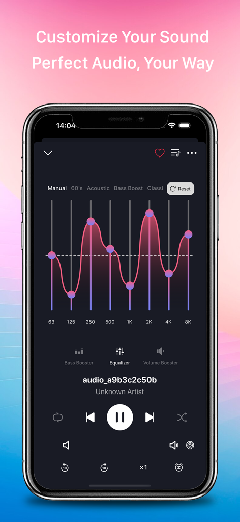 Volume Booster - Bass Booster - A smartphone screen showing the manual audio equalizer interface with frequency adjustments for volume and bass boosting