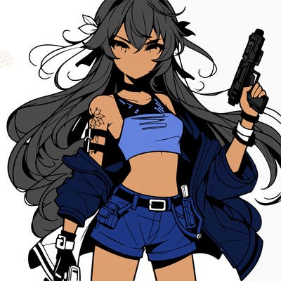 bad girl wearing crop top holding a gun long hair anime