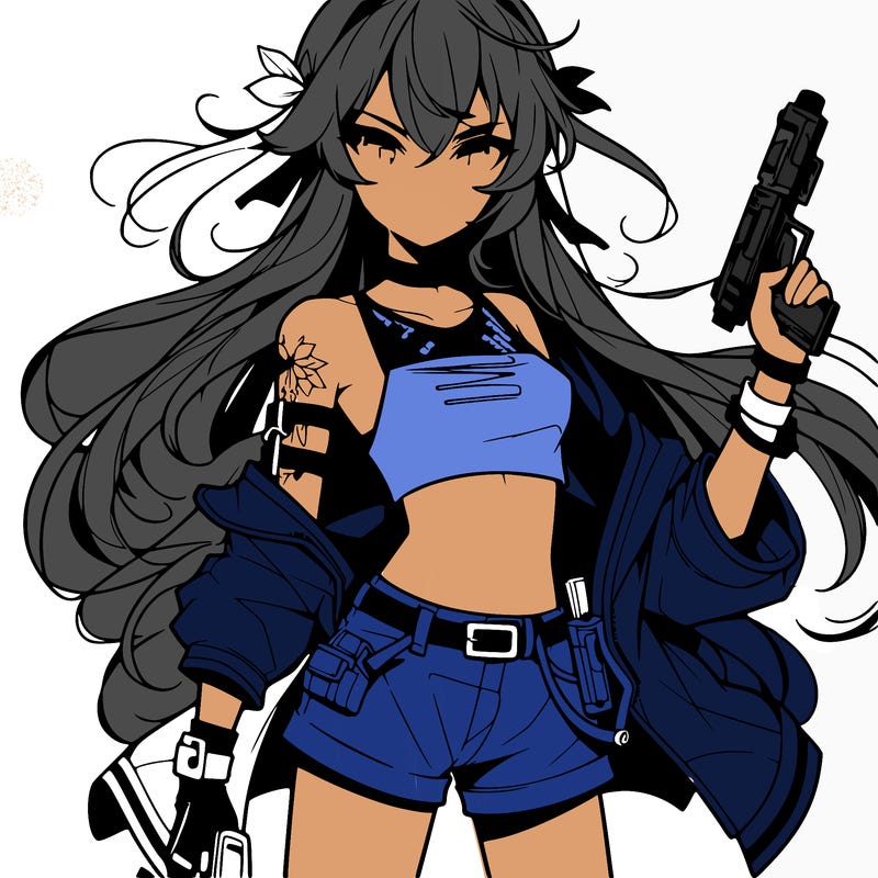 bad girl wearing crop top holding a gun long hair anime