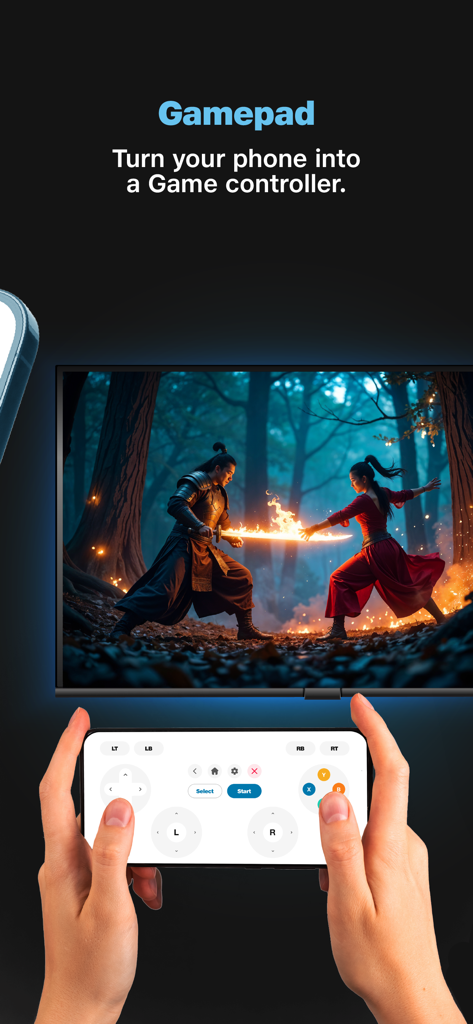 A smartphone being used as a virtual game controller to play a video game on a television screen using the JioHome app.